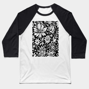 Black and White Floral Lino Print Baseball T-Shirt